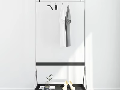 Minimalist Modern Garment Rack With Hanging T shirt And Tray Holding Shoes Magazine Plant 3d model
