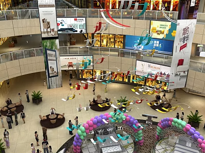 Vibrant Department Store Shopping Mall Interior With Colorful Balloons Streamers Stores And Shoppers 3d model