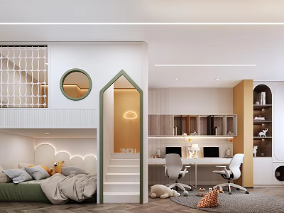 Kids Room Interior With Bunk Bed Stairs Study Desk Round Mirror And Cozy Decor 3d model