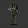 Detailed Green Mech Robot Character With Red Eye Holding Weapon And Mechanical Armor Design