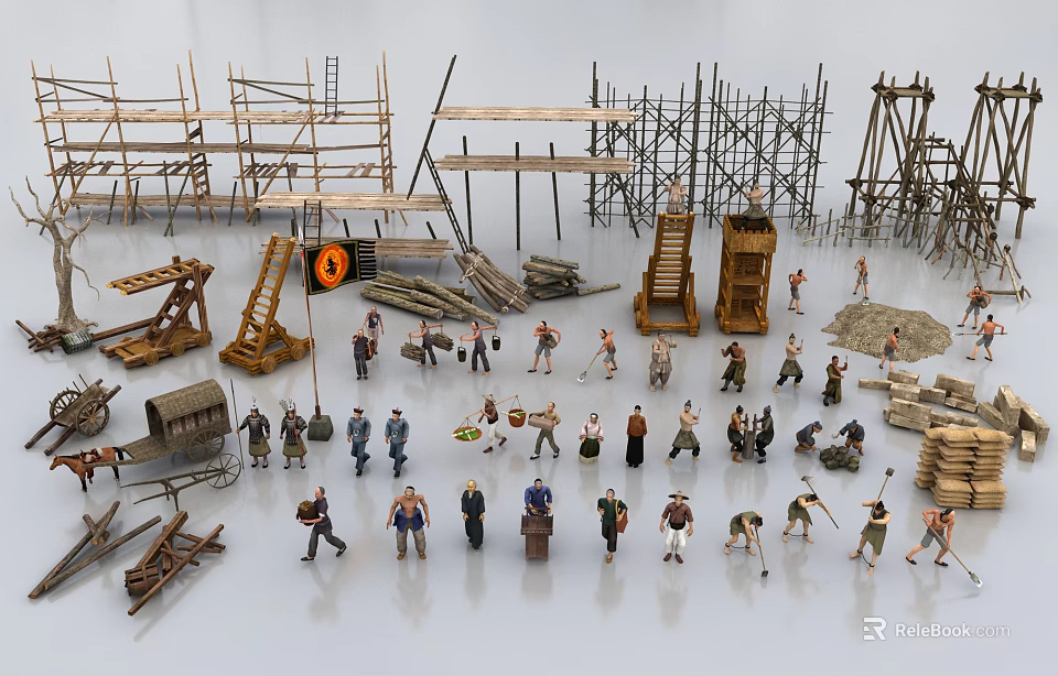 Game and Movie Worker Characters at Construction Site with Scaffolding and Tools 3d model 