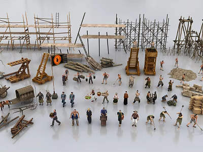 Game and Movie Worker Characters at Construction Site with Scaffolding and Tools 3d model