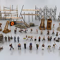 Game and Movie Worker Characters at Construction Site with Scaffolding and Tools