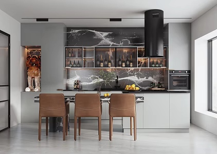 Open Kitchen Dining Table and Chair Leisure Single Chair Marble Island Table Cabinet Combination Glass Hanging Cabinet Wine Cabinet Stove Oven Range Hood Fruit Plate 3d model