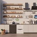 Modern Kitchen Interior Design With Wall Shelves Dishes Utensils And Appliances