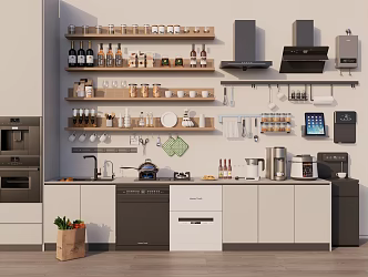 Kitchen supplies combination kitchen utensils range hood gas stove ornaments water dispenser oven sink seasonings bottle 3d model