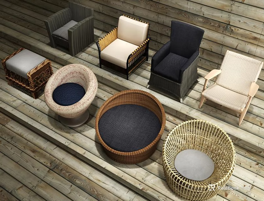 Various Styles of Single Sofa with Rattan and Fabric Upholstery on Wooden Floor Design 3d model 