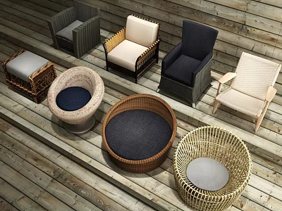 Various Styles of Single Sofa with Rattan and Fabric Upholstery on Wooden Floor Design 3d model