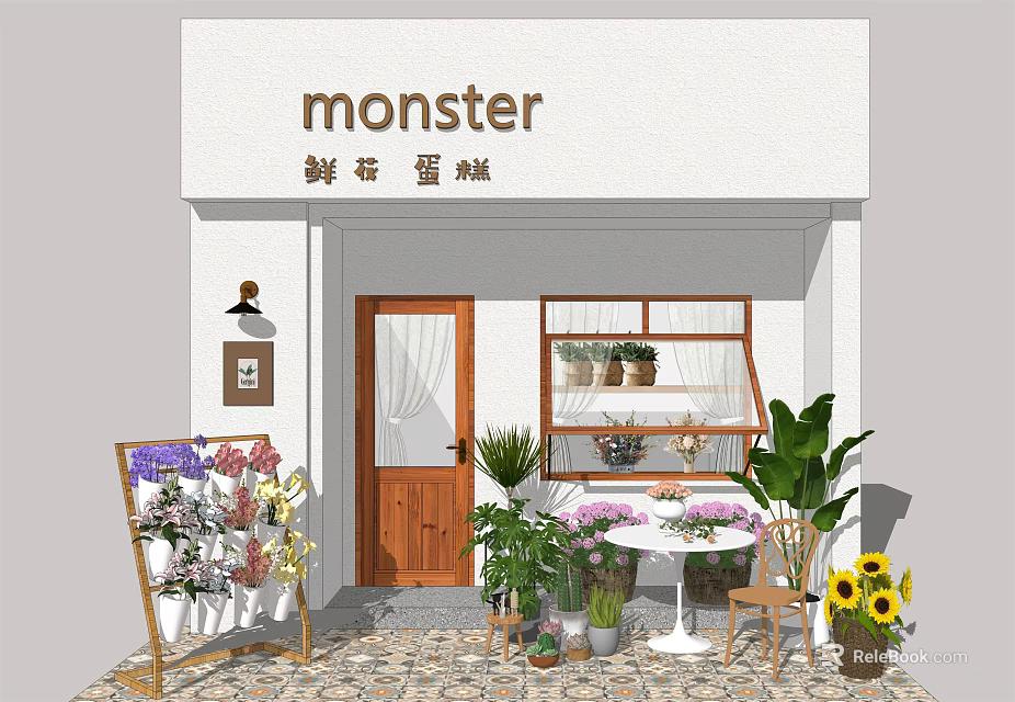 Charming White Cake and Flower Shop Storefront with Flower Stand Green Plants and Small Table 3d model 