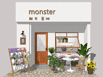 Charming White Cake and Flower Shop Storefront with Flower Stand Green Plants and Small Table 3d model
