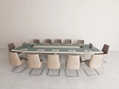 Modern Conference Room Interior With Long Green Table Beige Metal Leg Chairs And Documents 3d model