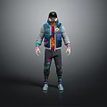 Game Movie Character Wearing Hooded Jacket With Colorful Gloves Patterned Pants And Sporty Sneakers