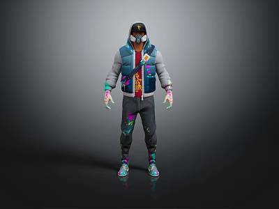 Game Movie Character Wearing Hooded Jacket With Colorful Gloves Patterned Pants And Sporty Sneakers 3d model
