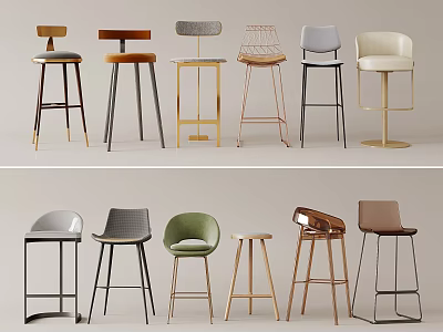 Assorted Stylish Bar Stools Featuring Various Designs Metal Wooden Legs And Multiple Colors 3d model