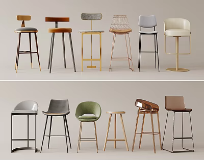 Assorted Stylish Bar Stools Featuring Various Designs Metal Wooden Legs And Multiple Colors 3d model
