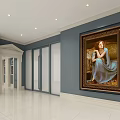Service Hall Interior With Large Golden Framed Portrait Blue Walls And White Marble Floor