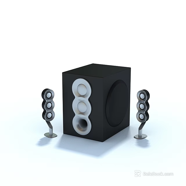 Black Cube Audio Speaker System With Satellite Speakers And Round Drivers 3d model 