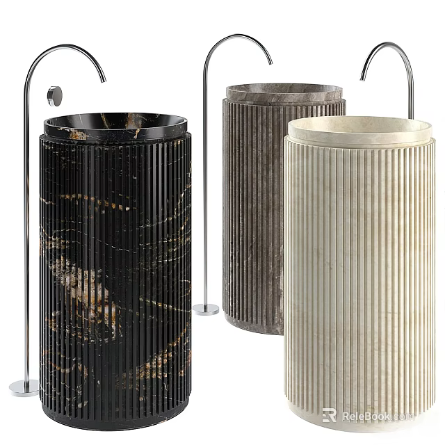 Elegant Ribbed Pedestal Washbasins In Black Dark Gray And Beige Marble With Faucets 3d model 