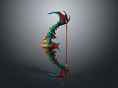 Ornate Curved Fantasy Bow With Teal Red Accents And Gold Decorative Details 3d model