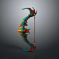 Ornate Curved Fantasy Bow With Teal Red Accents And Gold Decorative Details