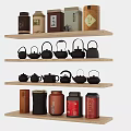 Traditional Tea Sets and Tea Cans Arranged on Wooden Shelves with Various Colors and Designs