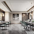 Elegant Restaurant Interior With Green Chairs Upholstered Banquettes Wall Art And Pendant Lights