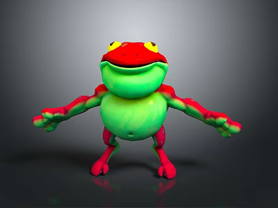 A 3D Red And Green Cartoon Frog With Yellow Eyes Standing Arms Outstretched 3d model