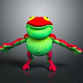 A 3D Red And Green Cartoon Frog With Yellow Eyes Standing Arms Outstretched