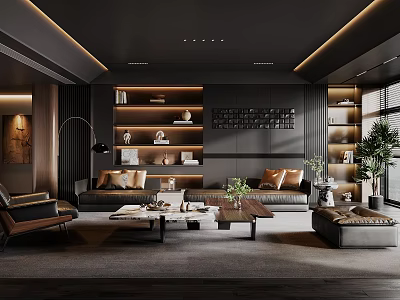 Elegant Modern Living Room Interior with Dark Toned Sofa Coffee Table Shelves Plants and Lighting 3d model