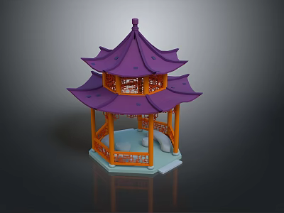 Decorative Chinese Pavilion Model with Purple Multi Tiered Roof and Orange Pillars Hexagonal Base 3d model