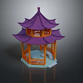 Decorative Chinese Pavilion Model with Purple Multi Tiered Roof and Orange Pillars Hexagonal Base