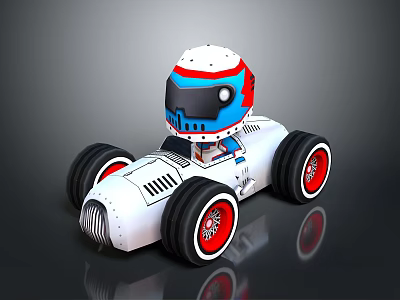 Cartoon Toy Car with White Body Large Black Wheels Red Rims and Blue Red Helmet 3d model