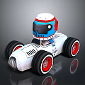 Cartoon Toy Car with White Body Large Black Wheels Red Rims and Blue Red Helmet