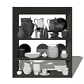 Kitchen Dinnerware Set on Shelf with Assorted Plates Bowls Cups and Teapots 3d model