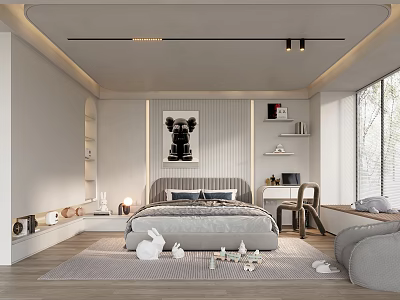 Kids Room Interior Design With Bed Shelves Toys Window Rug And Decorative Painting 3d model