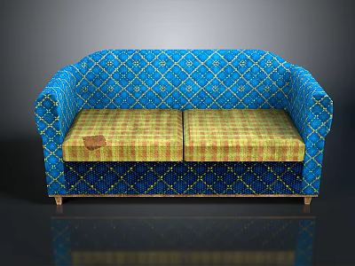 Blue Diamond Patterned Upholstered Sofa with Yellow Green Checkered Cushions and Patch 3d model