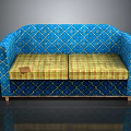 Blue Diamond Patterned Upholstered Sofa with Yellow Green Checkered Cushions and Patch