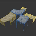 Multiple Simple Fabric Tents with Wooden Support Frames and Canvas Covers