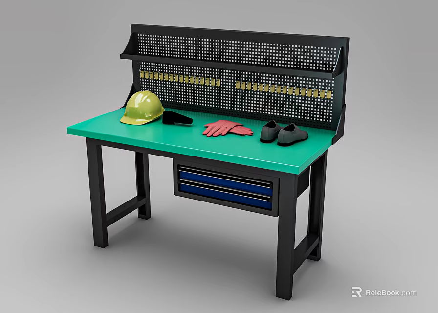 Functional Workbench with Green Tabletop Black Frame Tool Pegboard Safety Helmet and Gloves 3d model 