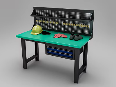 Functional Workbench with Green Tabletop Black Frame Tool Pegboard Safety Helmet and Gloves 3d model