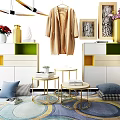 Modern Decorative Cabinet Scene With Hanging Coat Vase Flowers Framed Artworks Small Tables And Colorful Rug