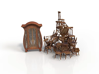 Wooden Furniture Display With Glass Door Cabinet And Stacked Chairs Tower Structure 3d model
