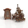 Wooden Furniture Display With Glass Door Cabinet And Stacked Chairs Tower Structure