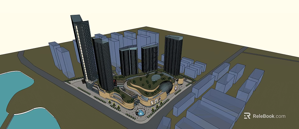 Modern Commercial Complex With High Rise Buildings Green Roof And Urban Plaza 3d model 