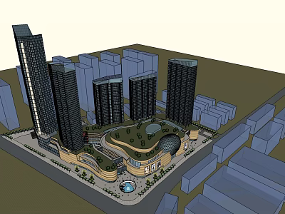 Modern Commercial Complex With High Rise Buildings Green Roof And Urban Plaza 3d model