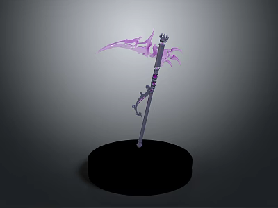 Purple Decorative Scythe Weapon With Curved Blade Ornate Handle And Black Base 3d model