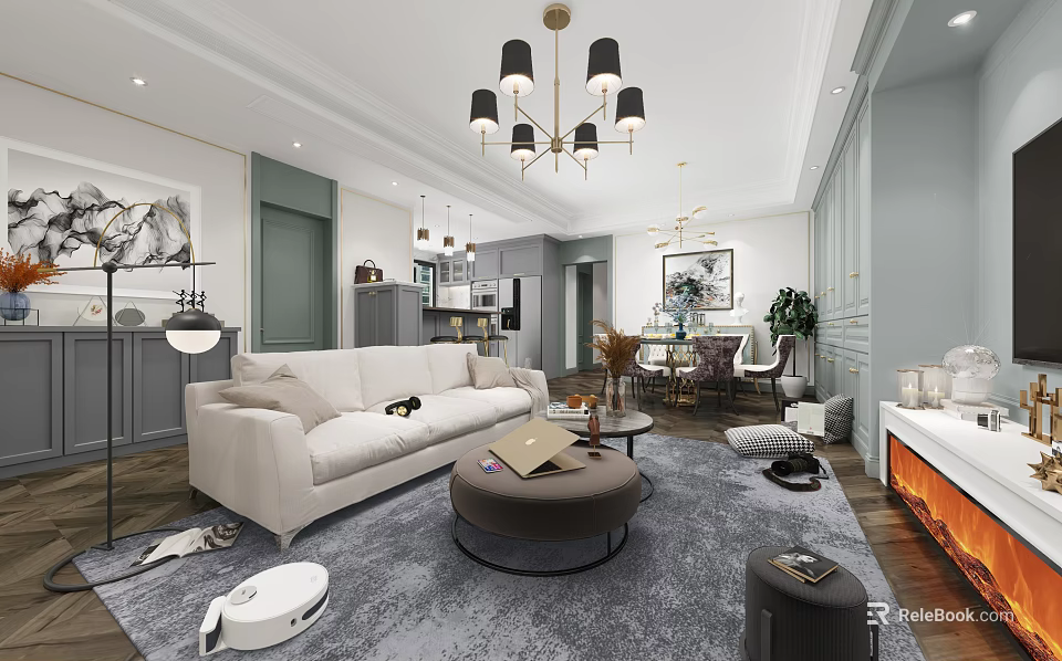 Modern Living Room Interior With White Sofa Gray Rug Chandelier And Coffee Table 3d model 