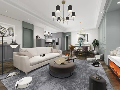 Modern Living Room Interior With White Sofa Gray Rug Chandelier And Coffee Table 3d model