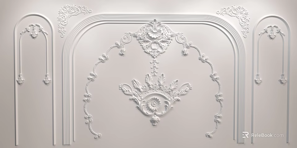 Ornate Decorative Lines With Scrollwork And Floral Patterns On White Wall Surface 3d model