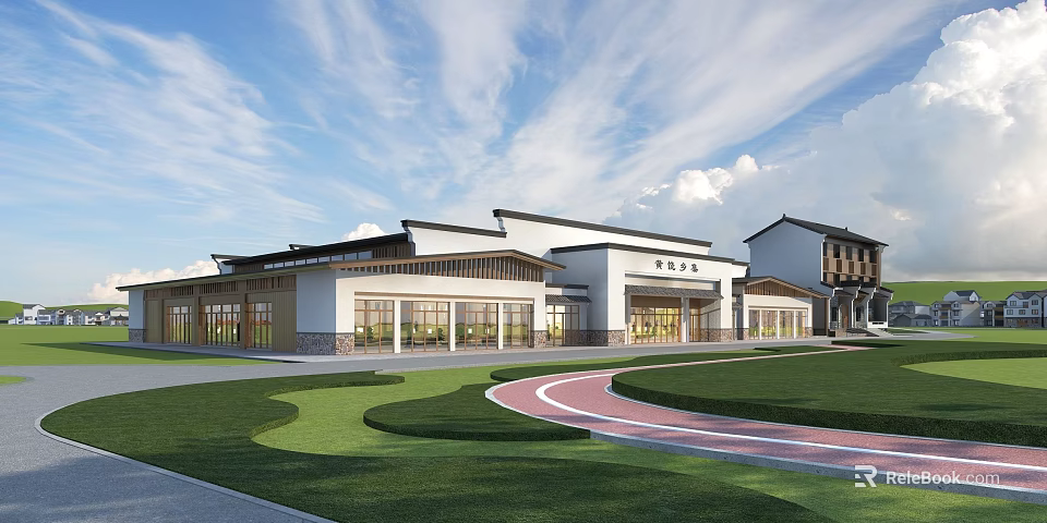 Modern Building With Traditional Roof Design White Exterior Green Lawn And Track 3d model 
